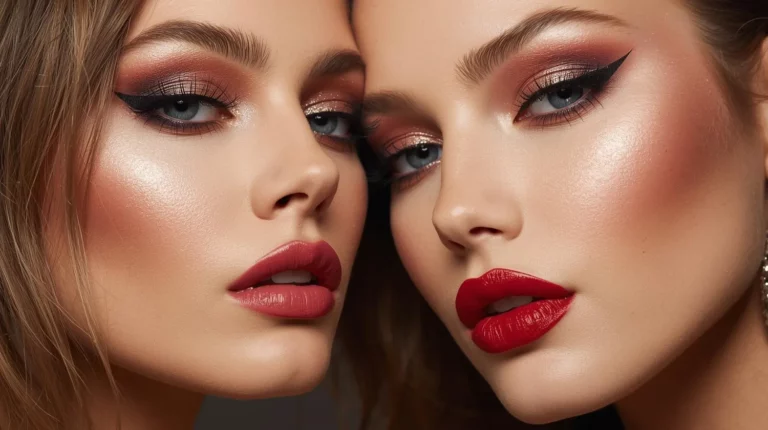 Makijaż sylwestrowy typu glam z intensywnym rozświetlaczem, czerwonymi ustami i efektem bold eyes podkreślającym spojrzenie.