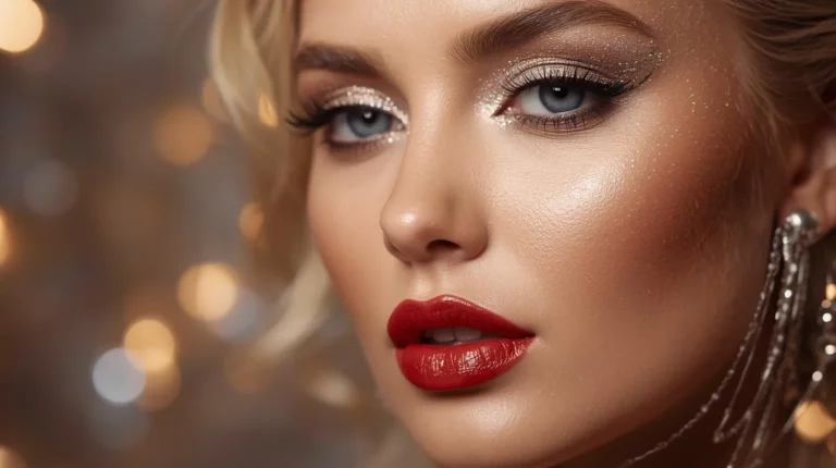 Makijaż sylwestrowy z intensywnie czerwonymi ustami, rozświetloną cerą i delikatnym brokatem na powiekach