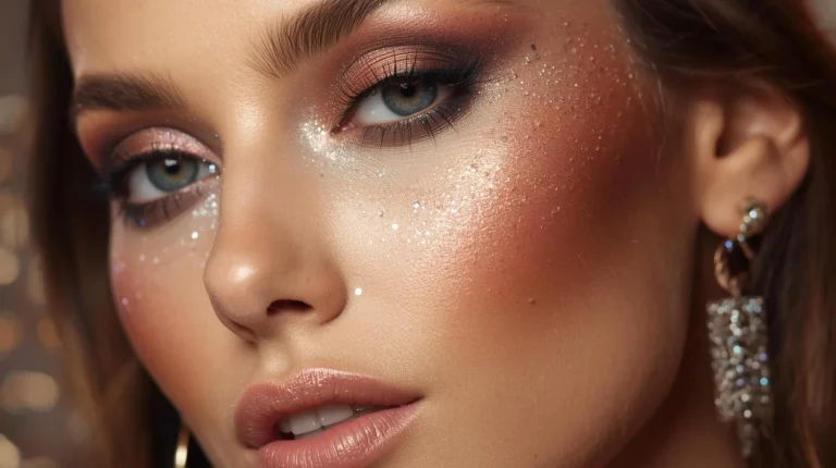 Detal twarzy kobiety, która ma makijaż sylwestrowy typu glow z rozświetloną skórą, brokatem na policzkach i powiekach oraz wyrazistym spojrzeniem.