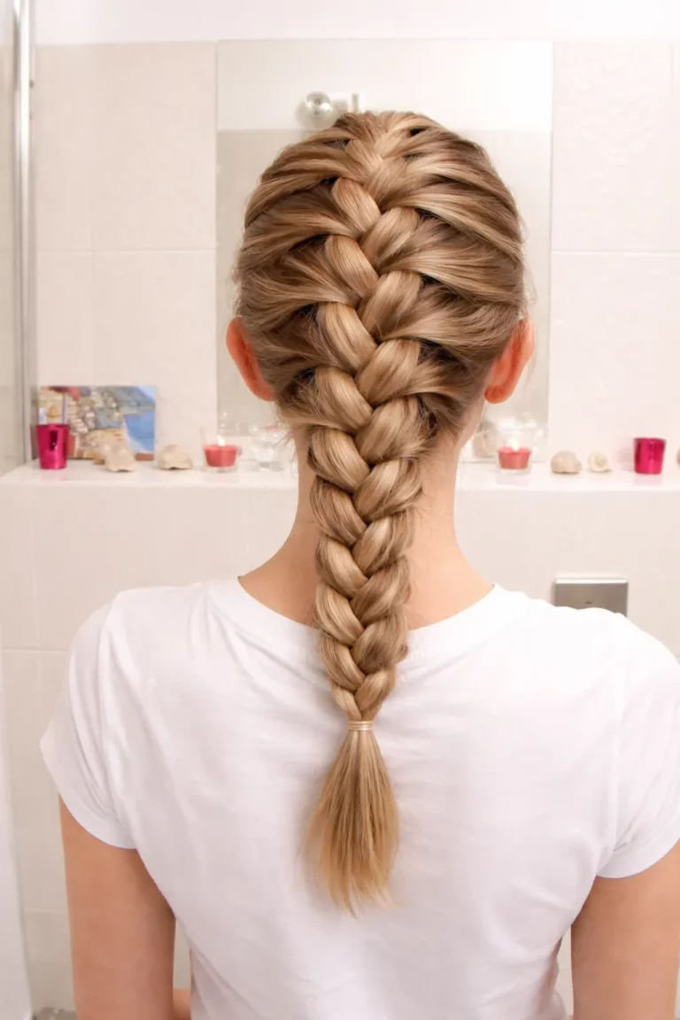 Tył głowy osoby z jasnymi włosami zaplecionymi w warkocz dobierany od czubka głowy do karku stojącej w łazience.