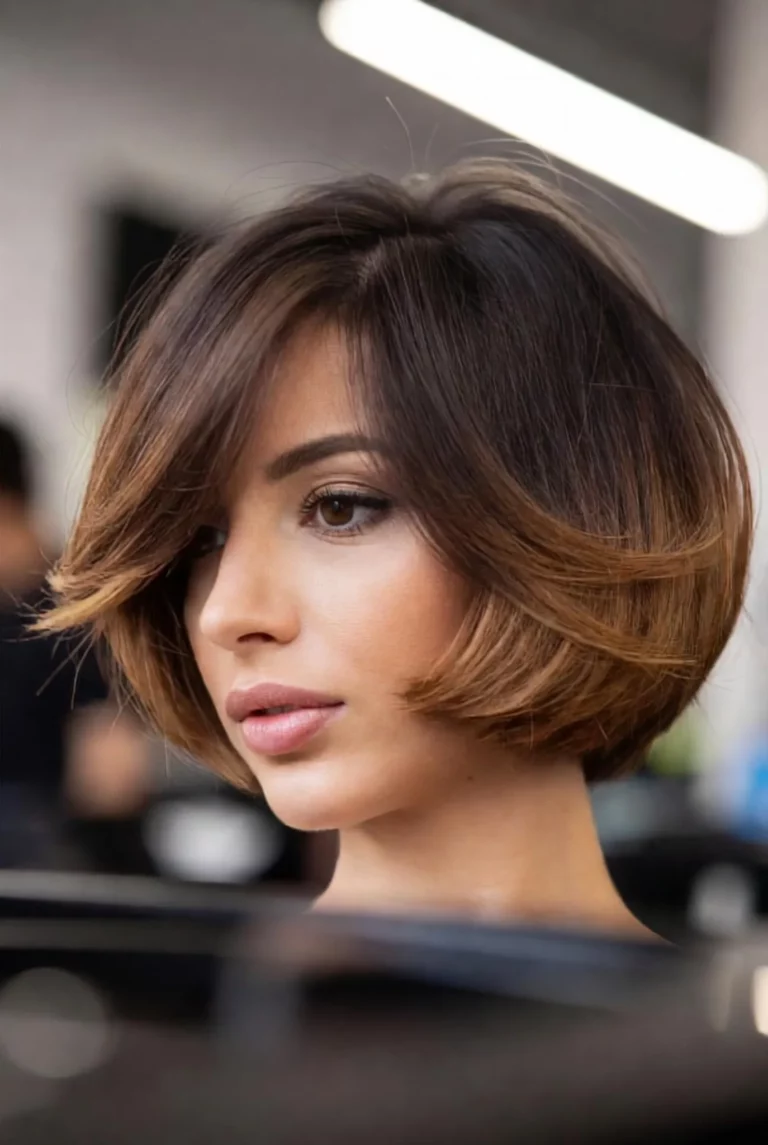 Stylizacja feathered bob z miękkimi warstwami i naturalnym układaniem włosów, efekt pracy uczniów szkoła fryzjerska Warszawa podczas kurs fryzjerski Warszawa