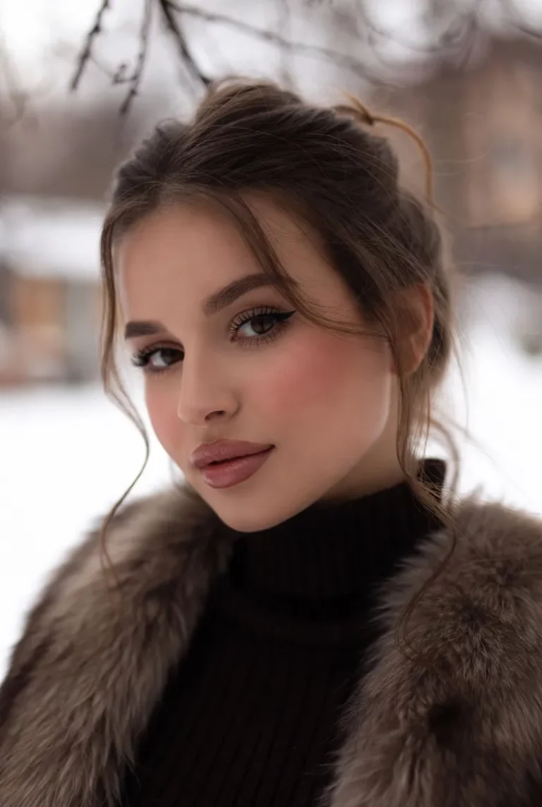 Kobieta w zimowej stylizacji z efektownym makijażem oczu i błyszczącymi detalami na powiekach, przykład pracy uczennic szkoła wizażu Warszawa podczas zajęć kurs makijażu Warszawa oraz inspiracja na zimowa pielęgnacja skóry.