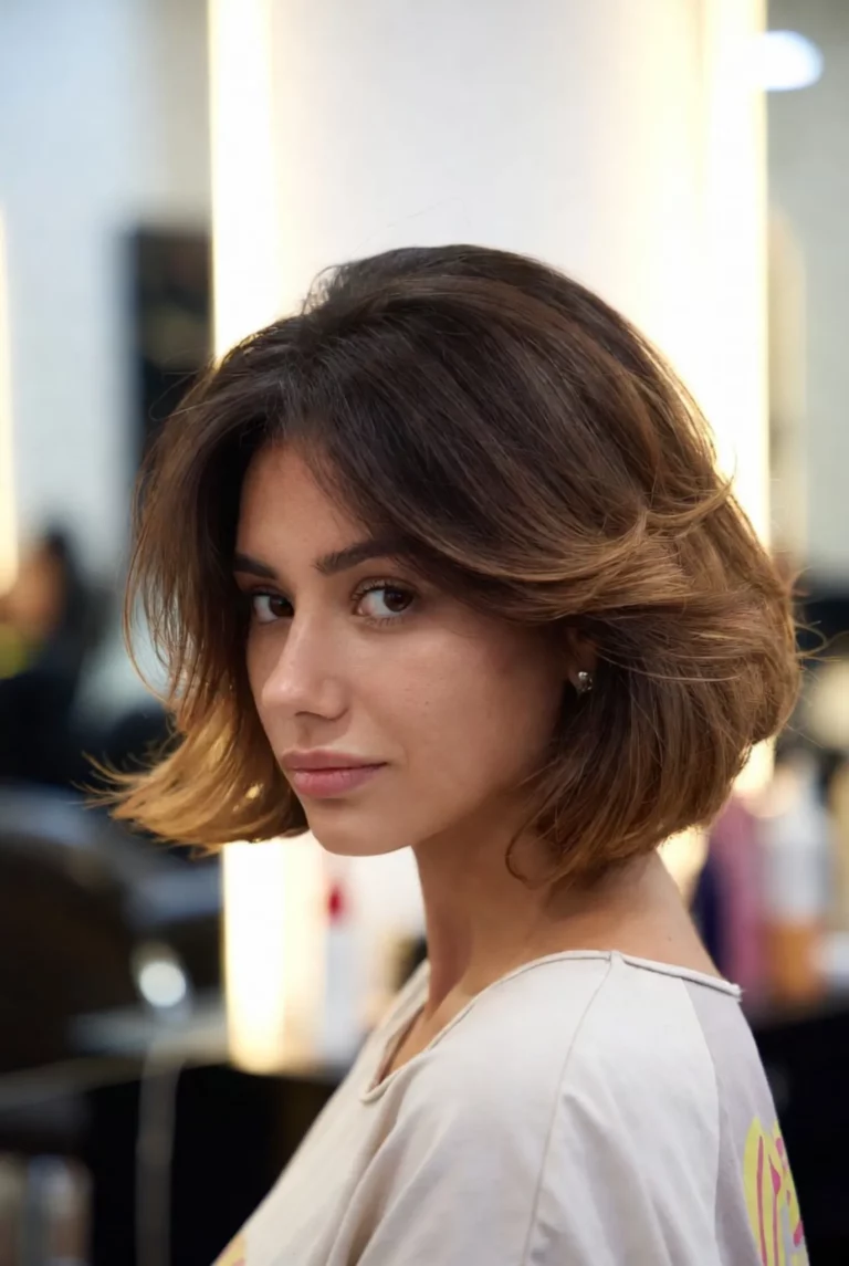 Krótka fryzura feathered bob z lekką objętością i naturalnym ruchem włosów prezentowana jako technika nauczana w szkoła fryzjerska Warszawa i kurs fryzjerski Warszawa