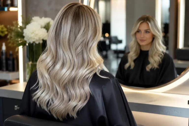 Modelka z eleganckim chłodnym blondem siedzi przy lustrze po profesjonalnym tonowaniu włosów.