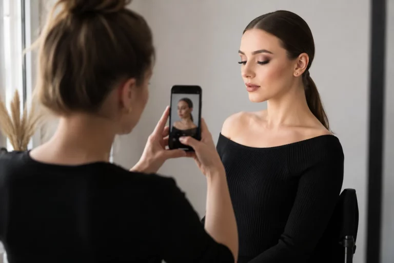 Młoda wizażystka fotografuje telefonem gotowy makijaż modelki przy oknie, korzystając z naturalnego światła i neutralnego tła.
