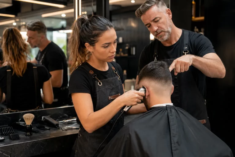 Fryzjerka doskonaląca technikę skin fade podczas praktycznego szkolenia barberskiego na modelu