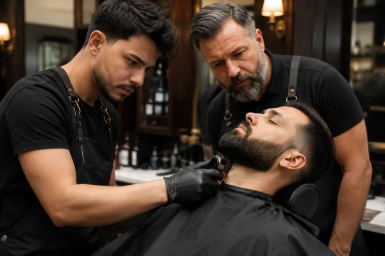 Kursant uczący się konturowania i modelowania brody pod nadzorem instruktora barberingu